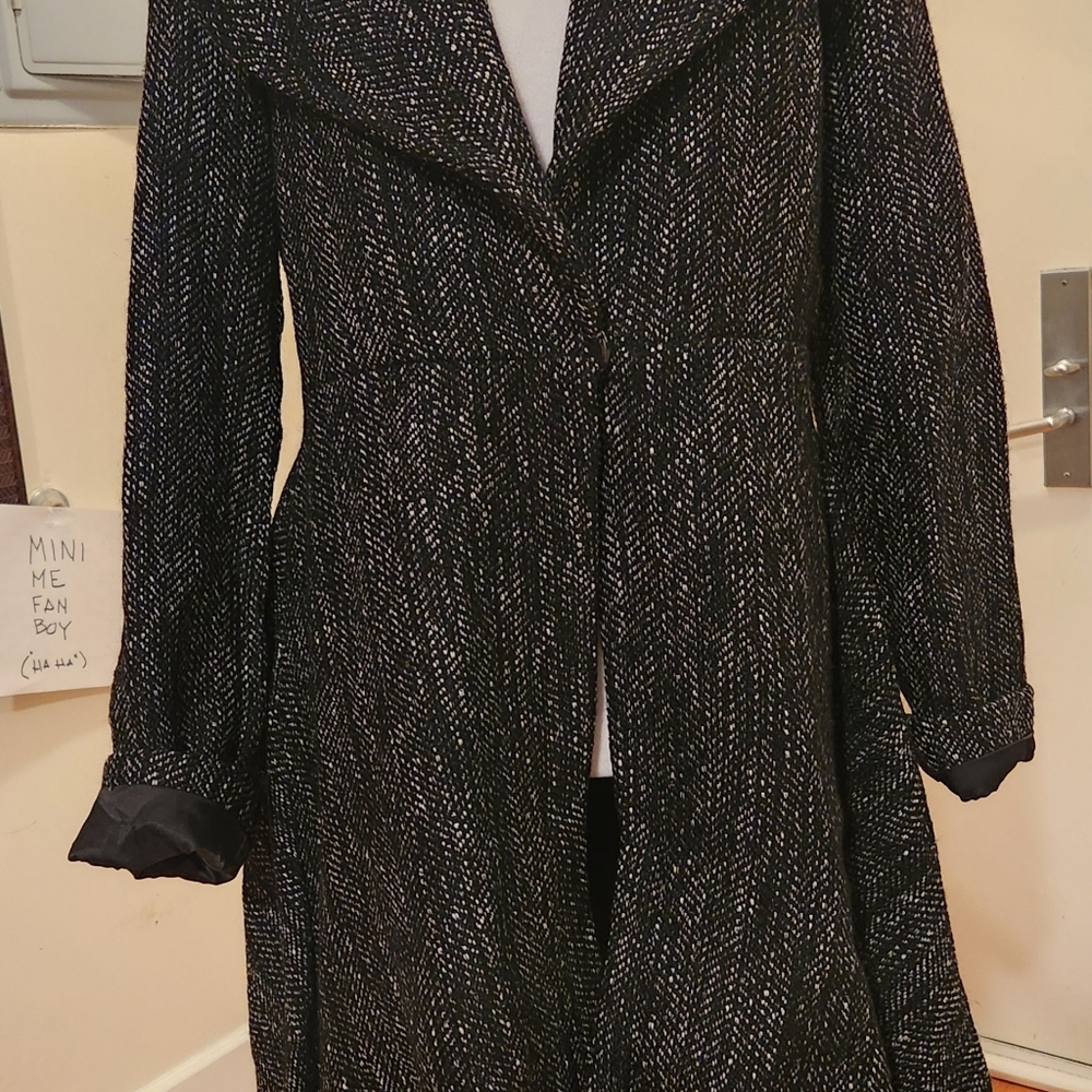 Asymmetrical Wool Tweed Coat Swing Jacket Medium Black Chic Fall